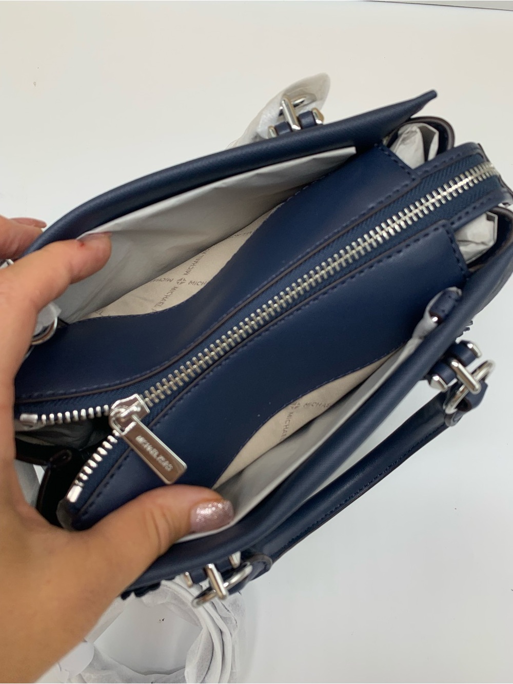 Michael Kors Marilyn Navy Floral Applique Satchel - Picture 9 of 15